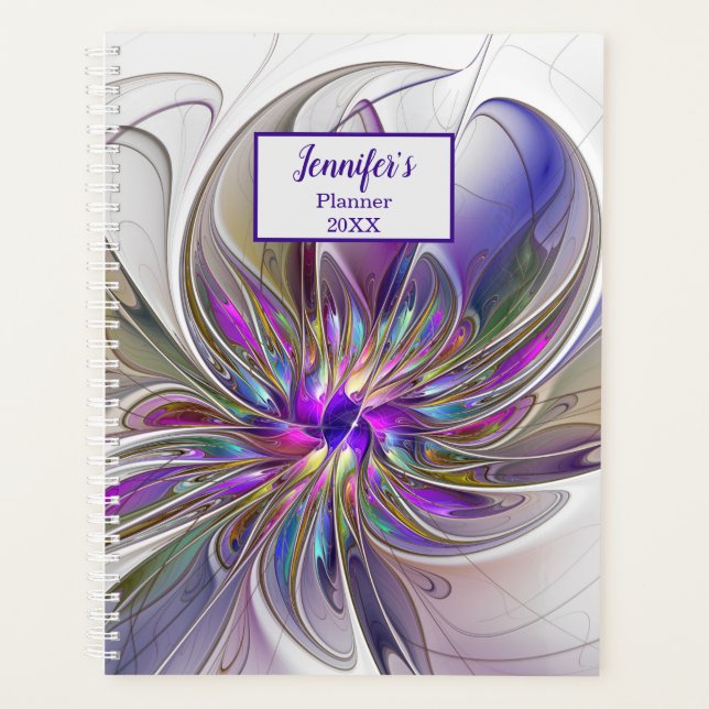 Energetic, Colorful Abstract Fractal Flower Name Planner (Front)