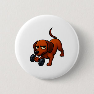 Energetic dachshund dumbbell comic motivation button