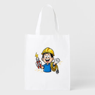 Energetic Electrician Mascot Lightning Cartoon Art Grocery Bag