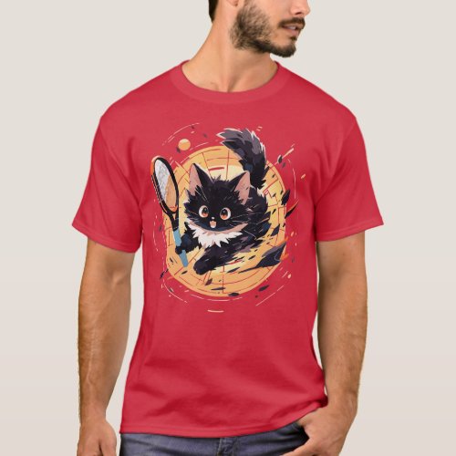 Energetic fluffy cat playing tennis bold T_Shirt