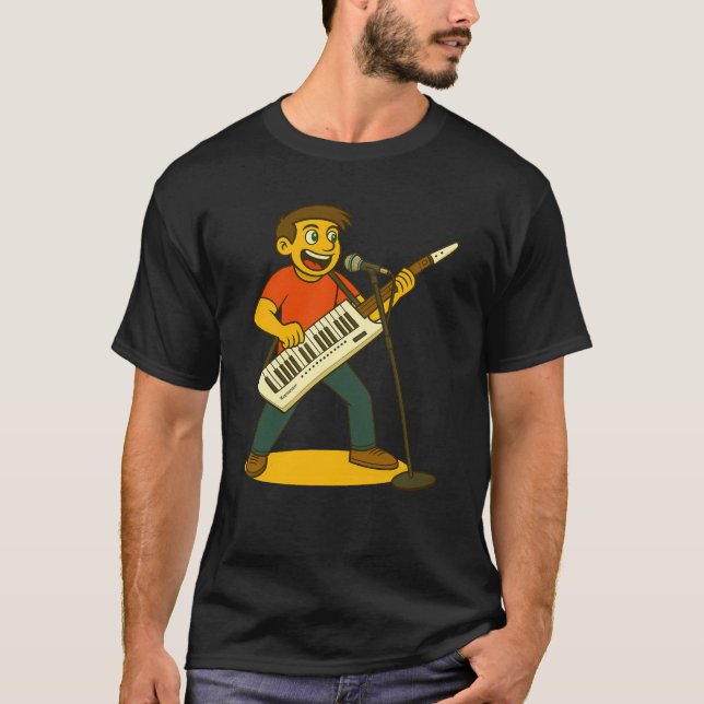 Energetic man singing and paying keytar T-Shirt (Front)