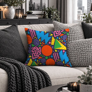 Energetic Neon Abstract Shapes Black Pillow Art