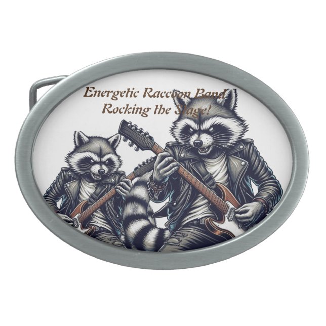 Energetic Raccoon Band: Rocking the Stage! Belt Buckle (Front)