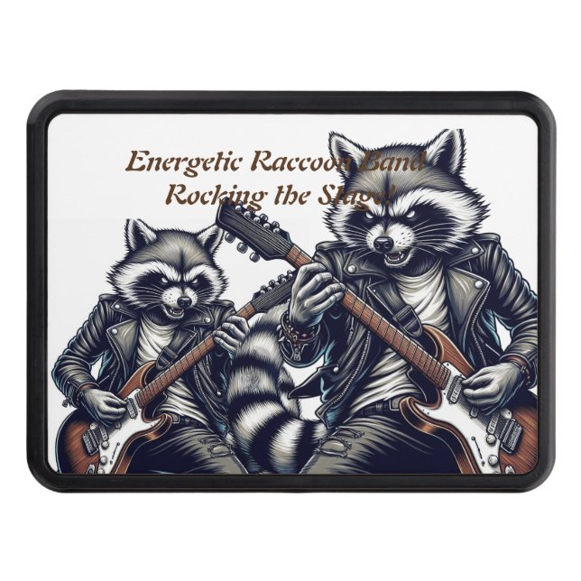 Energetic Raccoon Band: Rocking the Stage! Hitch Cover (Front)