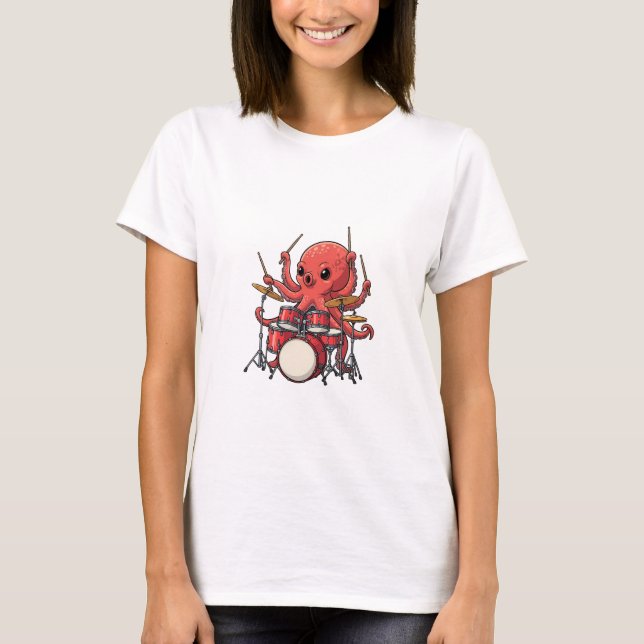 Energetic Red Octopus Drummer Multitasking T-Shirt (Front)