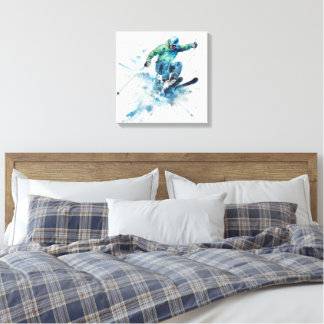 Energetic Skier in Blue Jacket – Thrilling Ski  Canvas Print