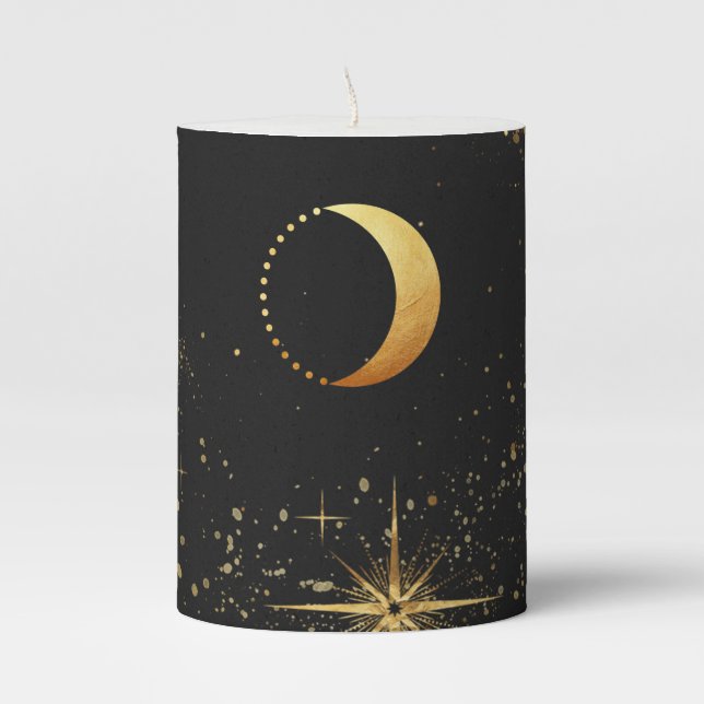 *~* Energetically Enhanced Gold Moon Stars Black Pillar Candle (Front)