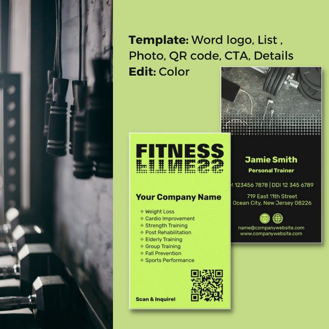 Energize Brand Lime Green & Black Personal Trainer Business Card (Energize Brand Lime Green & Black Personal Trainer Business Card, List of Services, Word logo)