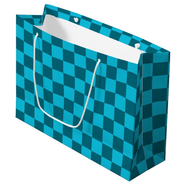 Energizing Teal and Turquoise Checkerboard Pattern Large Gift Bag (Front Angled)