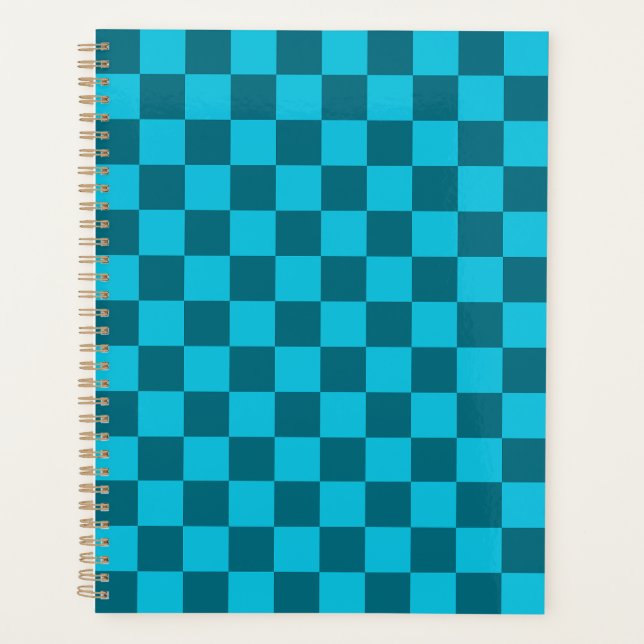 Energizing Teal and Turquoise Checkerboard Pattern Planner (Front)