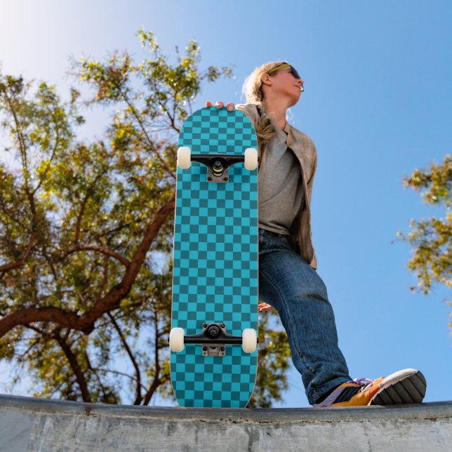 Energizing Teal and Turquoise Checkerboard Pattern Skateboard (Outdoor 1)