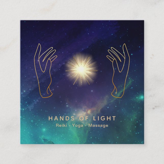*~* Energy Hand Universe Cosmic Stars Light Square Business Card (Front)