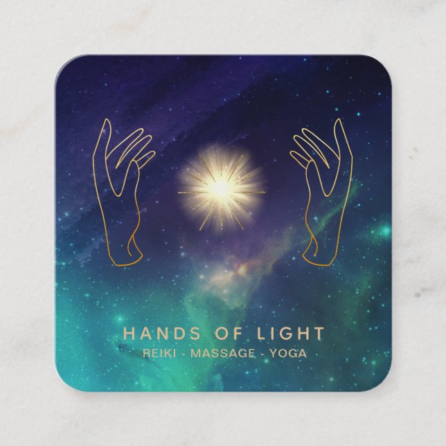 *~* Energy Hands.  Universe Cosmic Stars Light Square Business Card (Front)