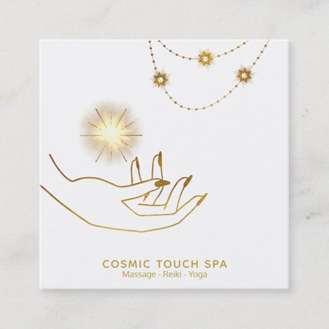 *~* Energy Healing - Gold Cosmic Stars Hands Square Business Card (Front)