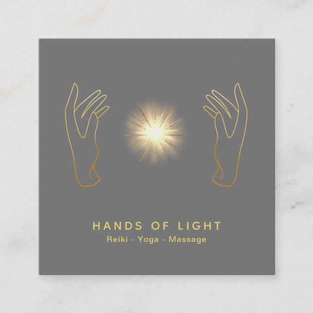 *~* Energy Healing Hands Ball Reiki Light Gray Square Business Card (Front)