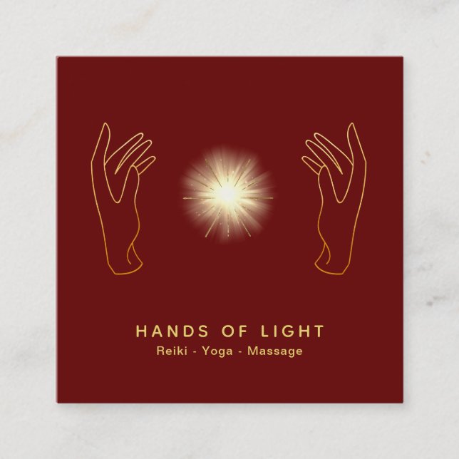*~* Energy Healing Hands Ball Reiki Light Red Square Business Card (Front)