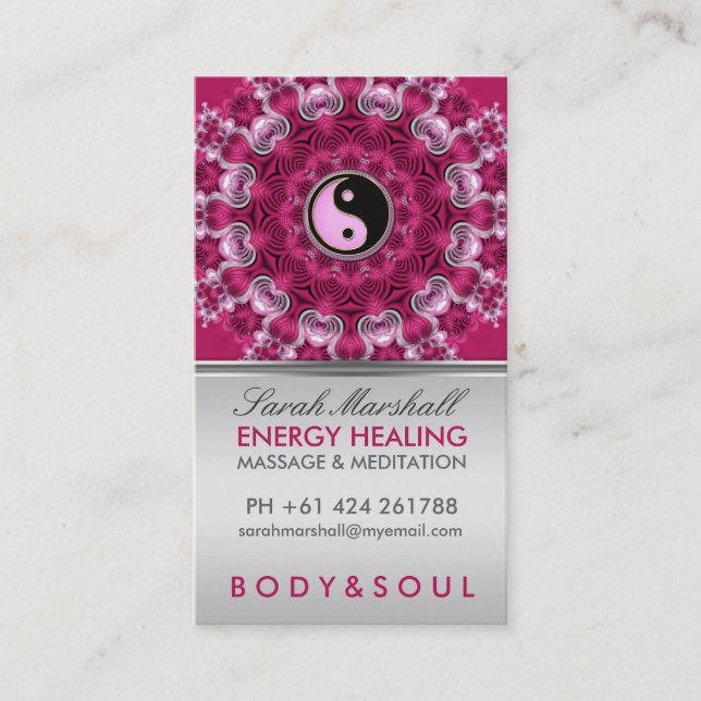 Energy Healing Holistic Pink Silver Business Card (Front)
