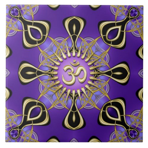 Energy Purple Gold Om Geometry Mandala Ceramic Tile