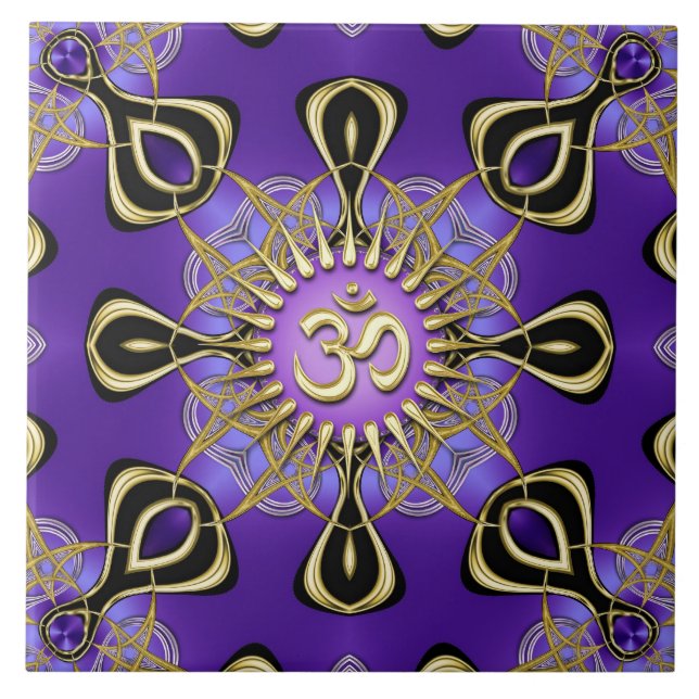 Energy Purple Gold Om Geometry Mandala Ceramic Tile (Front)