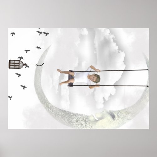 Enfant sur une balanoire dans les nuages poster
