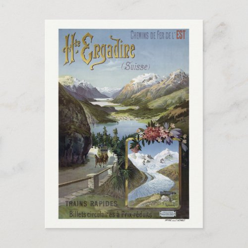 Engadin Switzerland Railroad Vintage Poster Postcard