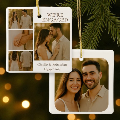 Engaged 4 Photo Engagement Collage Christmas Ceramic Ornament
