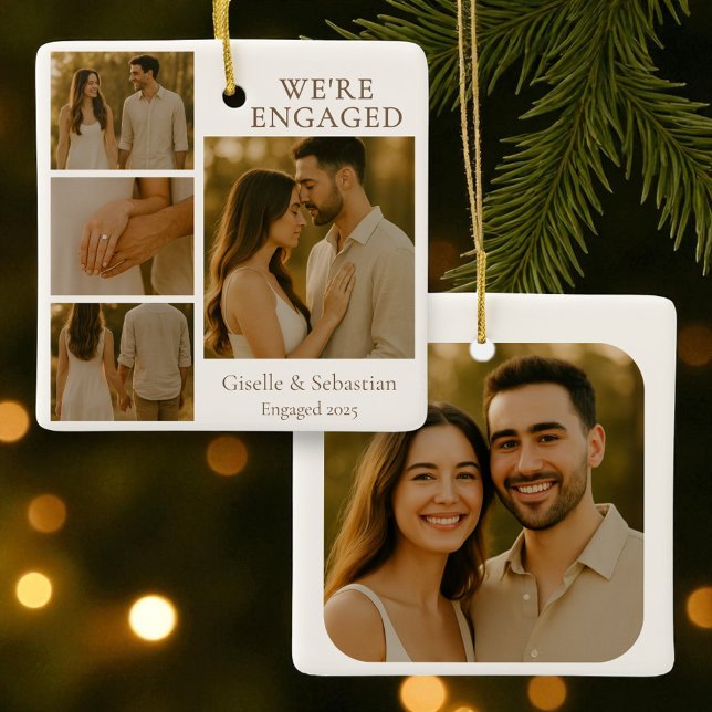 Engaged 4 Photo Engagement Collage Christmas Ceramic Ornament (Creator Uploaded)