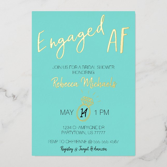 Engaged AF Gold Metallic & Blue Bridal Shower Foil Invitation (Front)