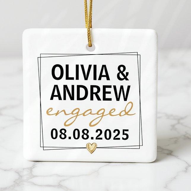 Engaged Black Gold Script Photo Keepsake Ceramic Ornament (Creator Uploaded)