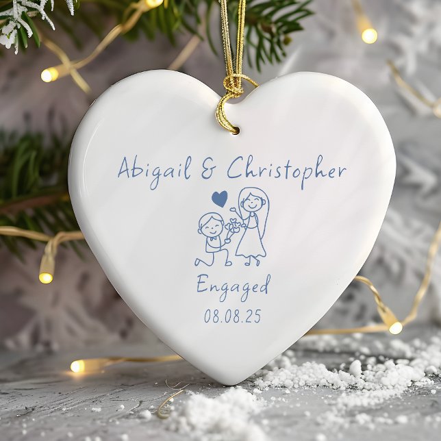 Engaged Blue Doodle Photo Keepsake Ceramic Ornament (Creator Uploaded)