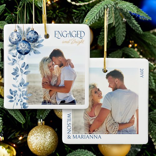 Engaged &amp; Bright 2 Square Engagement Photo Ceramic Ornament
