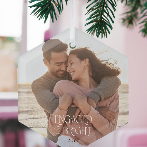 Engaged &amp; Bright Minimalist Modern Wedding Photo Glass Ornament