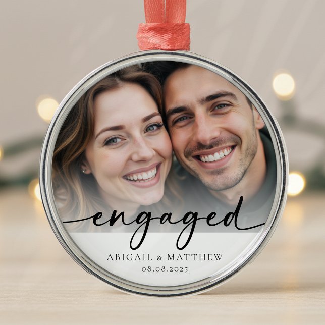 Engaged Calligraphy Photo Keepsake Metal Ornament (Creator Uploaded)