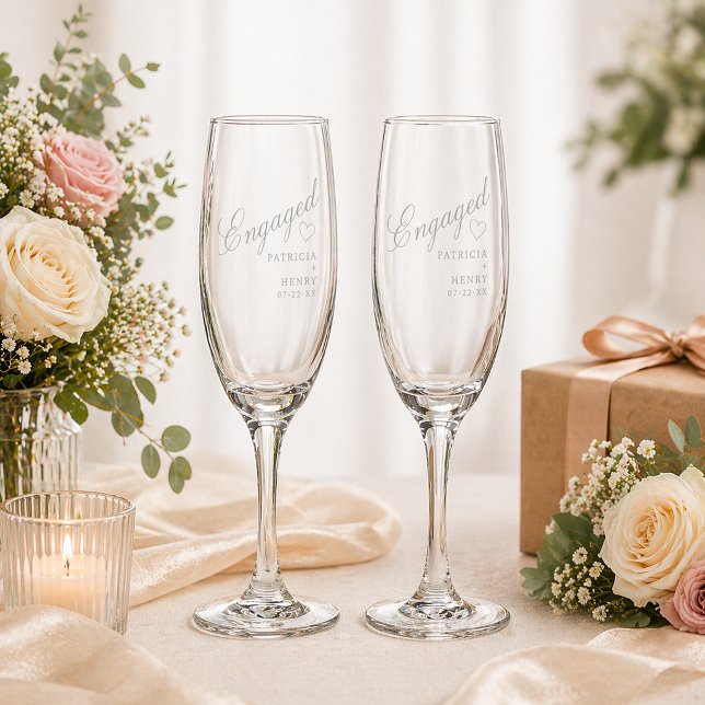 Engaged Champagne Flutes with Names & Date (Personalized for the couple)