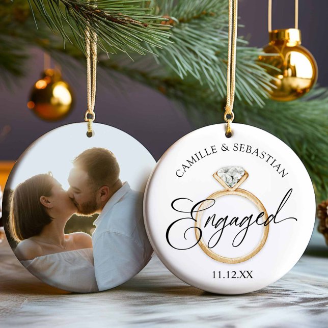 Engaged! Christmas Photo Ornament (Elegant Engagement Photo Christmas Ornament)