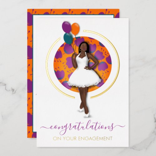 Engaged Congrats Black Woman wBalloons  Flowers Foil Invitation
