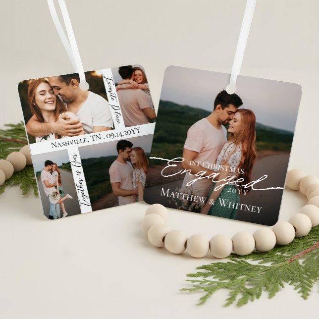 Engaged Couple 1st Christmas Elegant Photo Collage Metal Ornament (Engaged Couple 1st Christmas Elegant Photo Collage Metal Ornament)