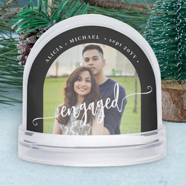 Engaged couple 2 photo script personalized snow globe (Creator Uploaded)