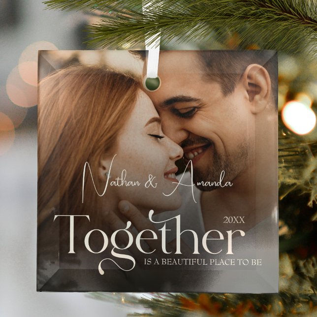 Engaged Couple Minimalist Photo Glass Ornament (Creator Uploaded)