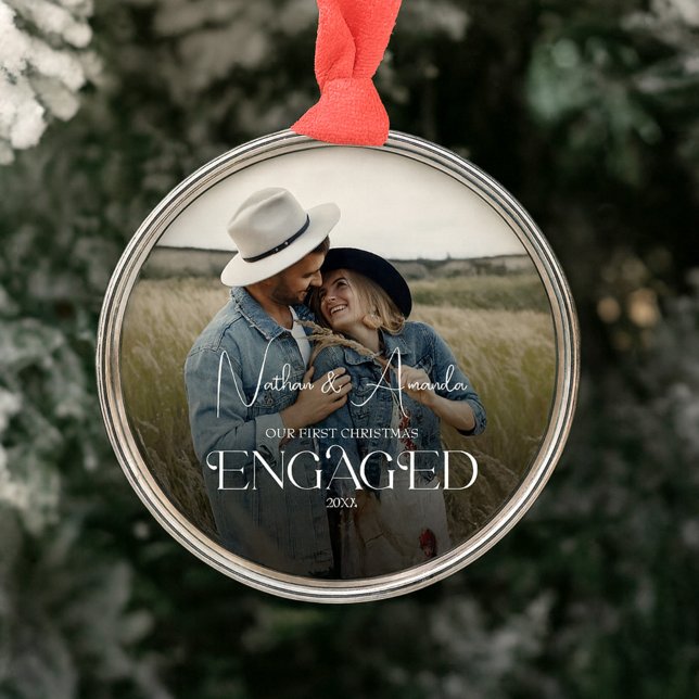 Engaged Couple Modern Photo Metal Ornament (Creator Uploaded)