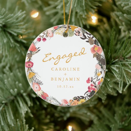 Engaged Couple Names Floral Wreath Fall Keepsake Ceramic Ornament