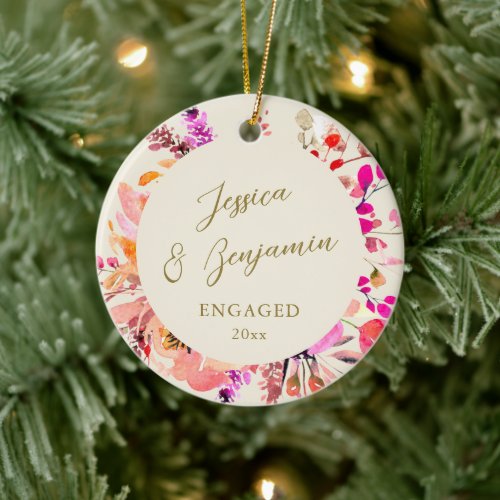 Engaged Couple Names Pink Floral Christmas Ceramic Ornament
