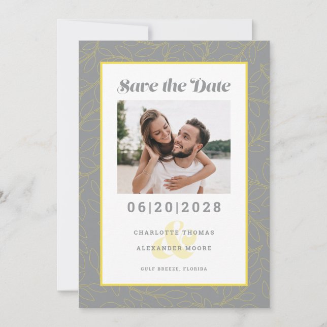 Engaged Couple Photo Modern Gray Yellow Pattern Save The Date (Front)