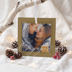 Engaged Couple Photo Monogram Elegant Keepsake Glass Ornament