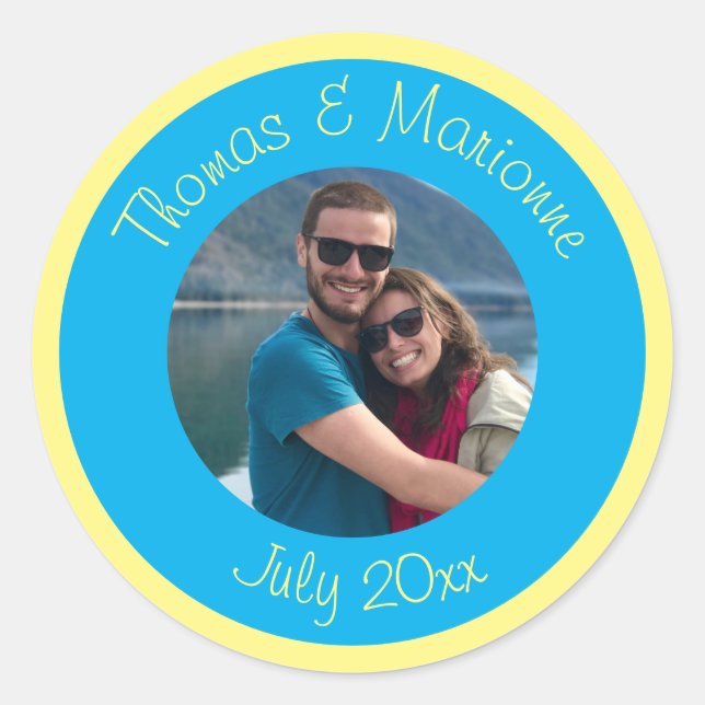 Engaged Couple Picture Names Date Classic Round Sticker (Front)