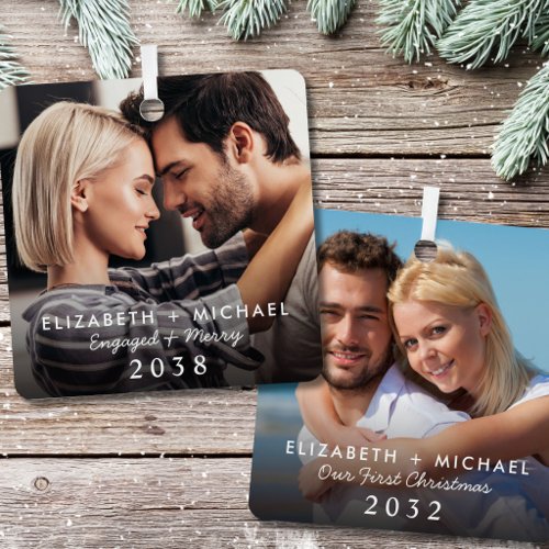 Engaged Couple Then And Now Christmas Photo Metal Ornament