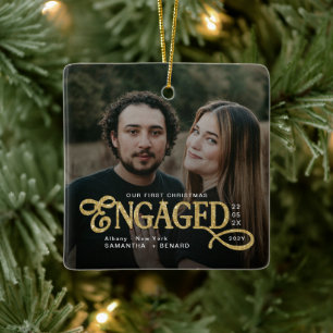 Engaged Couples 2 Photos Gold First Christmas Ceramic Ornament