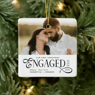 Engaged Couples 2 Photos Stylish First Christmas Ceramic Ornament