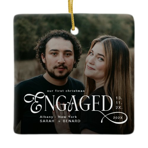 Engaged Couples 2 Photos Stylish First Christmas Ceramic Ornament