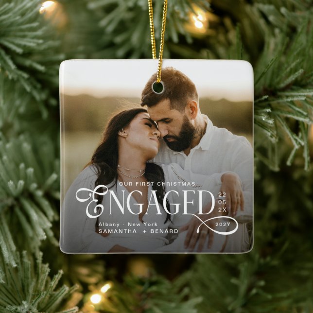 Engaged Couples 2 Photos Stylish First Christmas Ceramic Ornament (Tree)